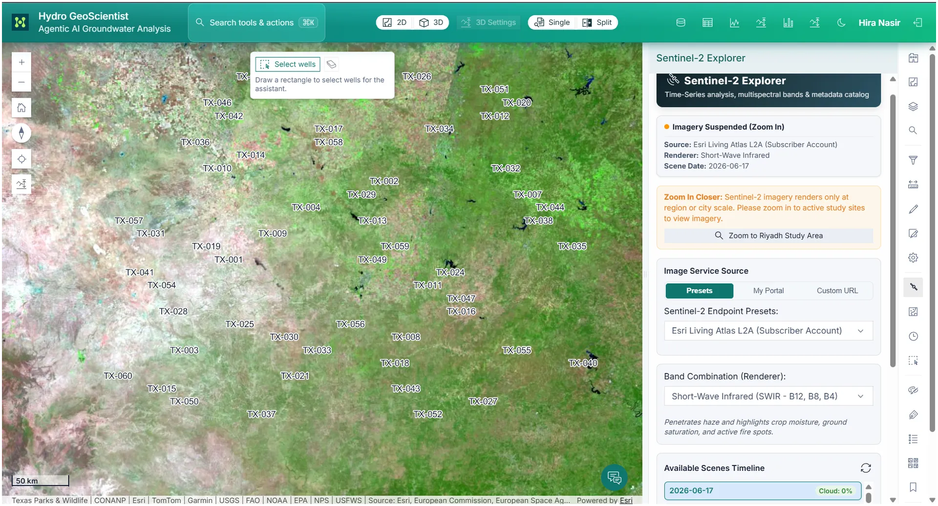 Sentinel imagery loaded in the GIS application.